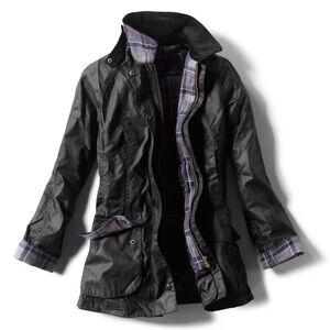 Barbour Beadnell black waxed barn jacket with hood (US 8/ UK 12)